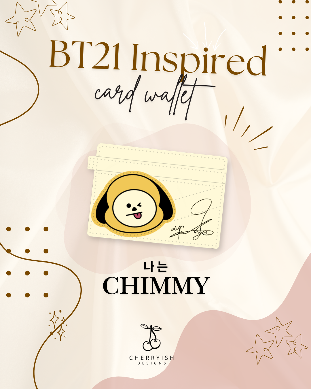 BT21 Inspired card wallet with Chimmy design on a decorative background