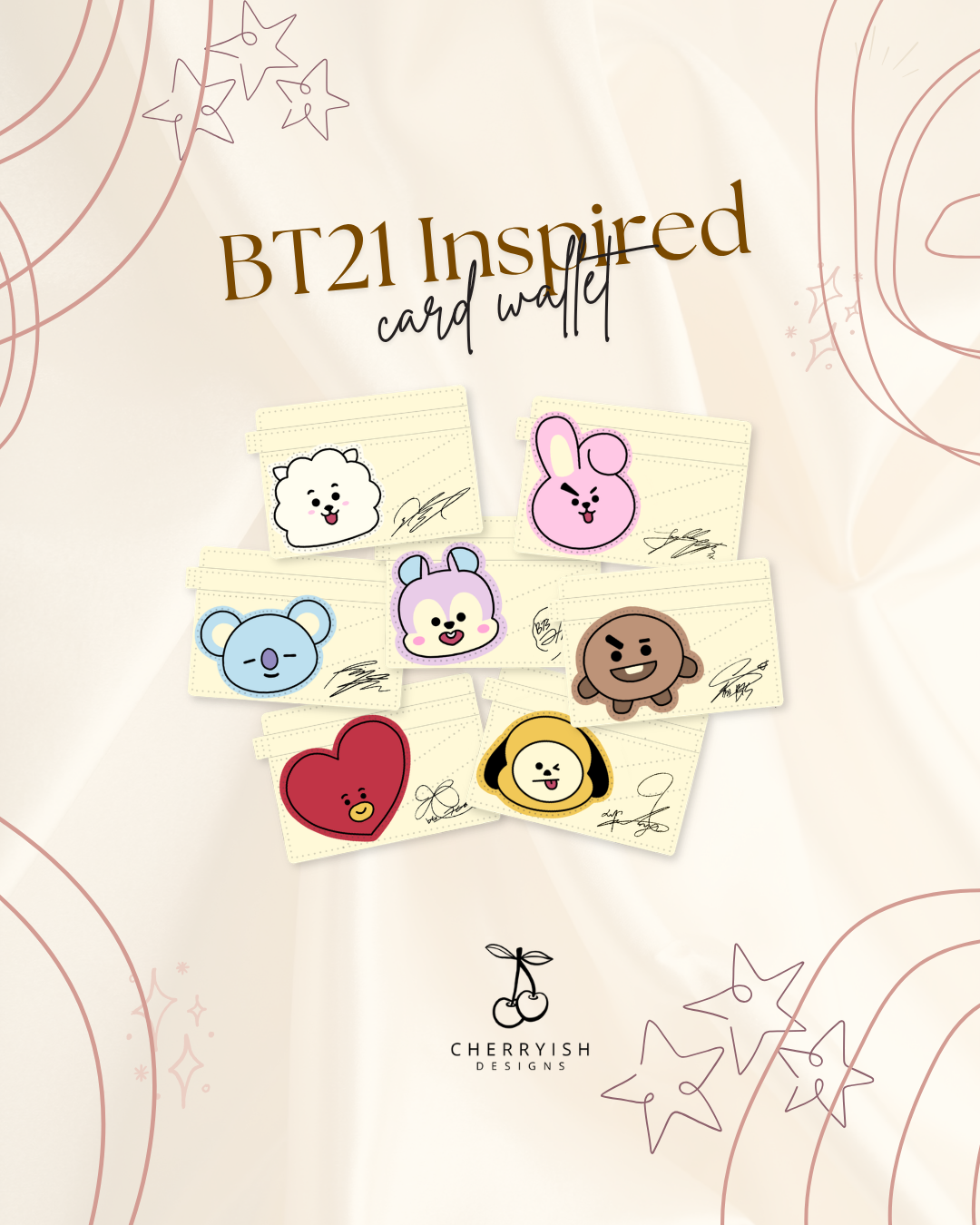 BT21 inspired card wallet with character illustrations on a beige background