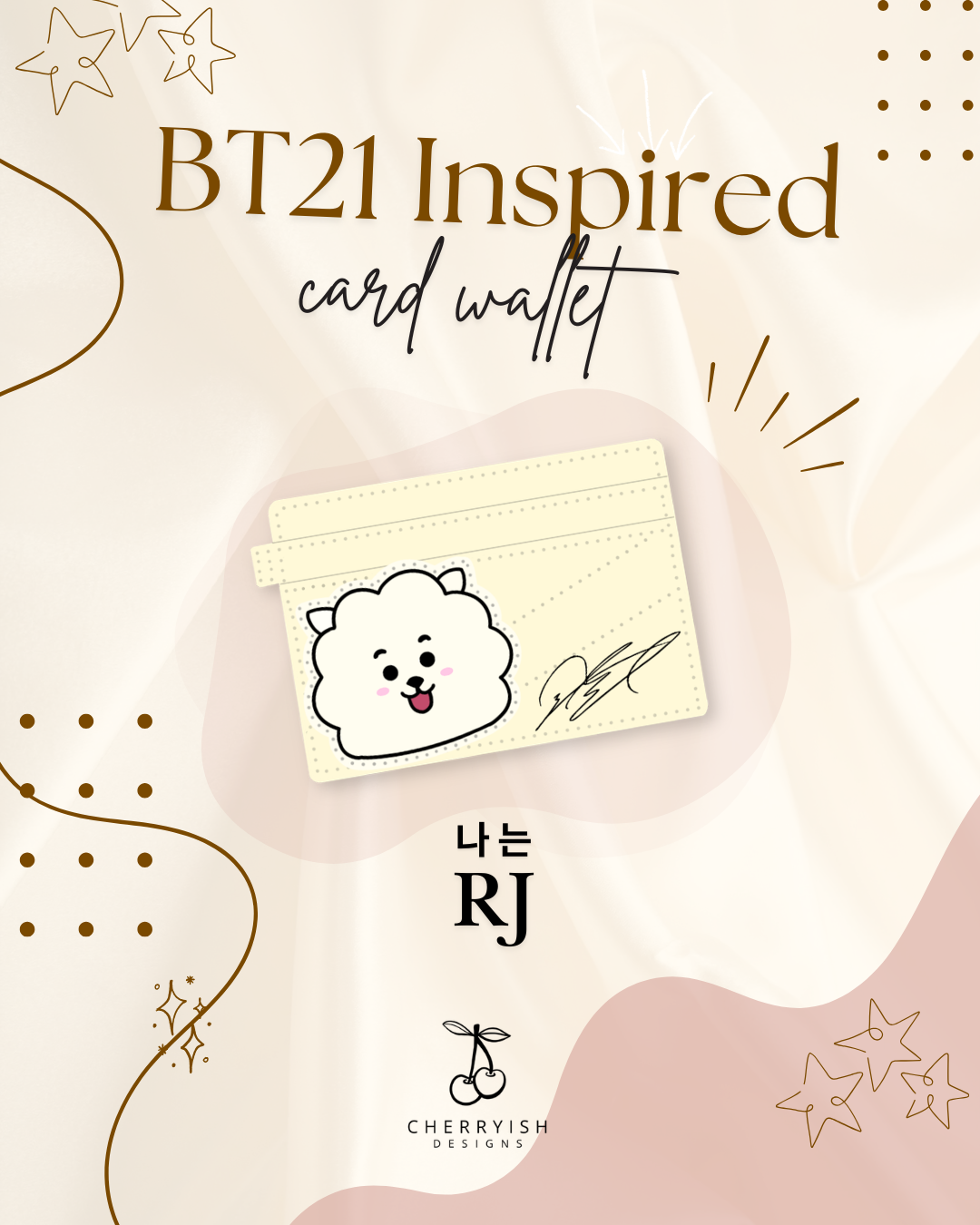BT21 Inspired card wallet with RJ character on a decorative background