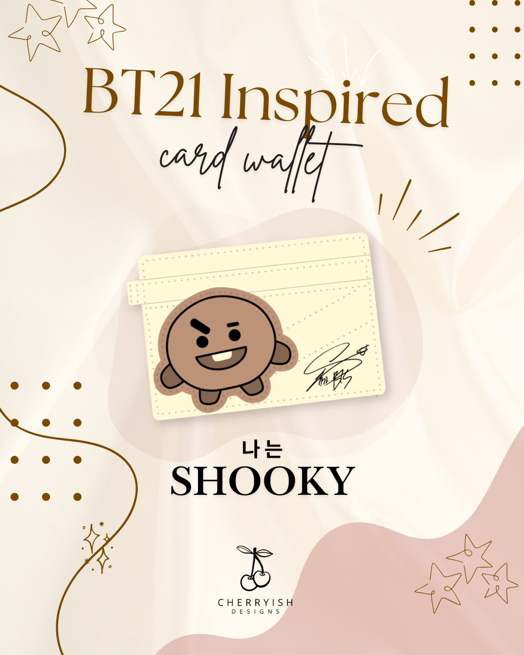 Card wallet inspired by BT21 with Shooky character on a decorative background