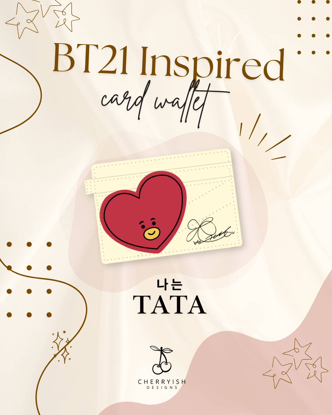 Card wallet inspired by BT21 with heart design and 'TATA' branding on a decorative background.